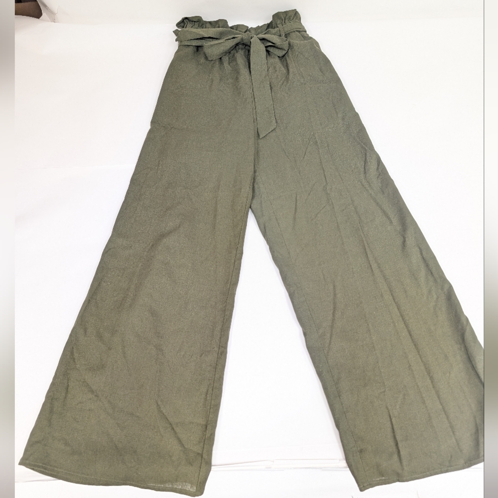 Gilli Army Forest Green Wide Leg Linen Blend Pants With Bow Medium [288]
